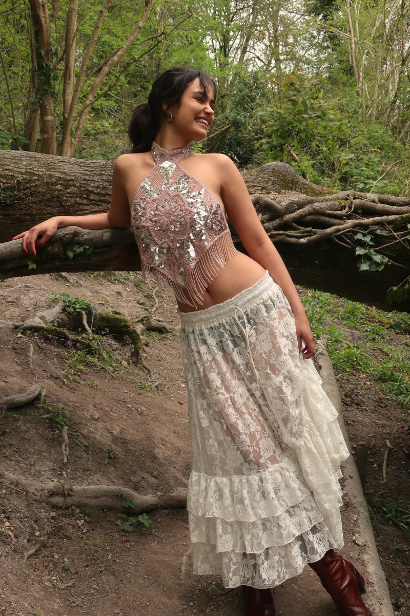 Beaded Handkerchief Halter Top in Crystal Rose Pink - Image 5