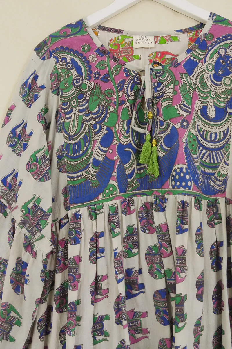 Daisy Smock Top - White with Jewel Tone Elephants - Vintage Cotton - Size S/M - Image 2