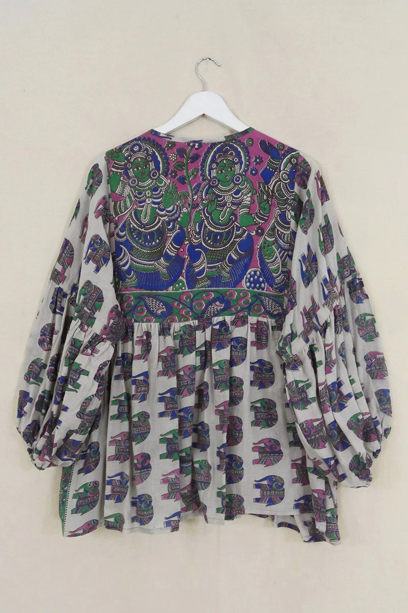 Daisy Smock Top - White with Jewel Tone Elephants - Vintage Cotton - Size S/M - Image 3