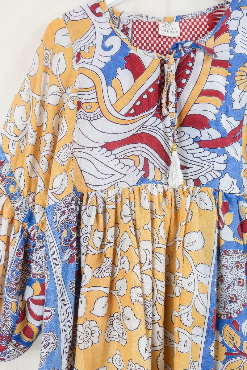 Daisy Smock Top - Laguna Yellow Birds - Vintage Indian Cotton - Size XS - Image 2