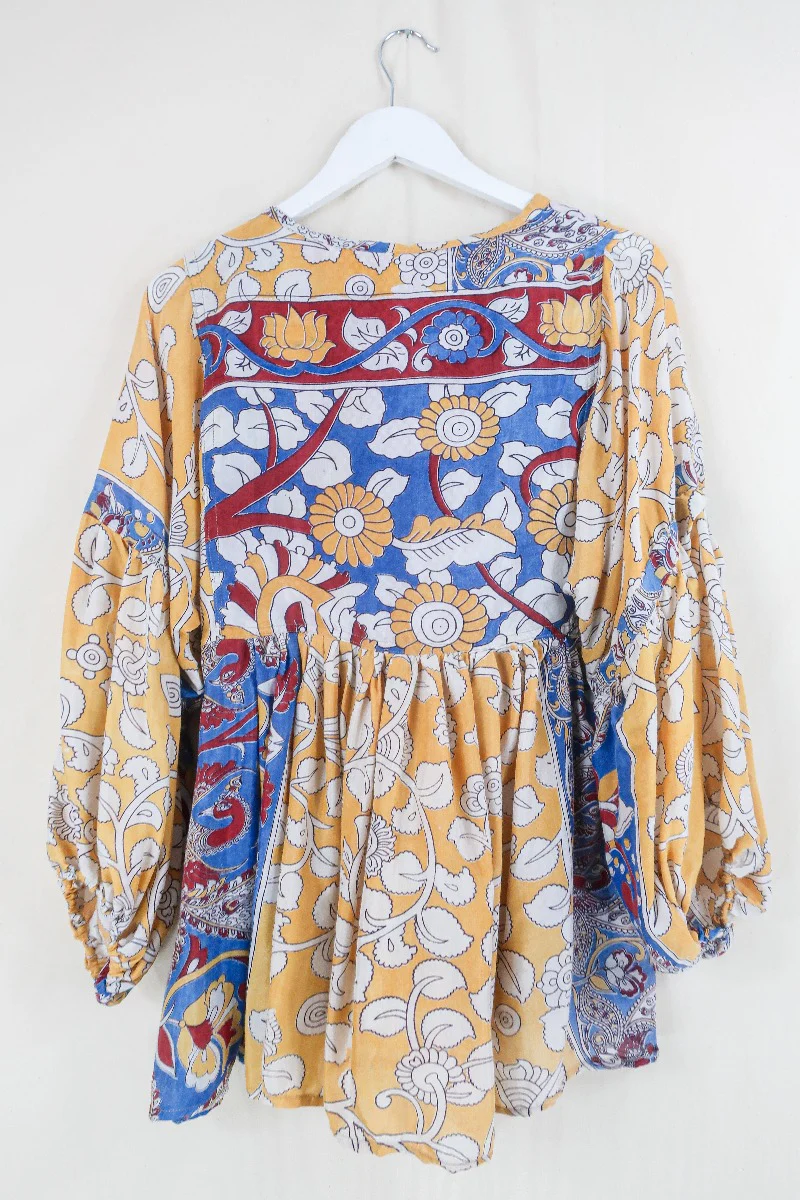 Daisy Smock Top - Laguna Yellow Birds - Vintage Indian Cotton - Size XS - Image 3