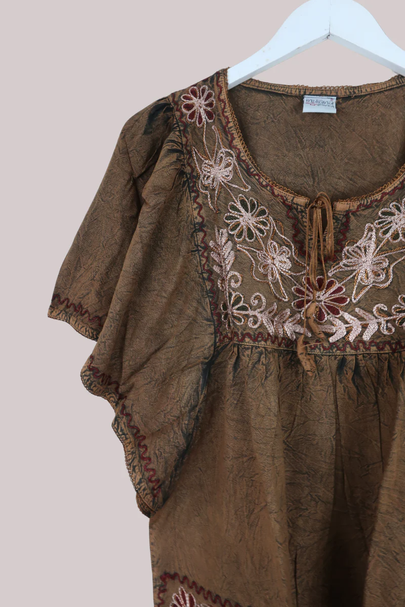 Embroidered Tunic Smock Top in Golden Brown - Free Size - Image 2