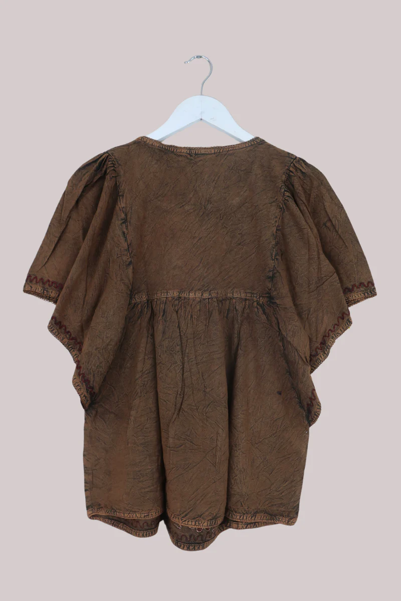 Embroidered Tunic Smock Top in Golden Brown - Free Size - Image 3