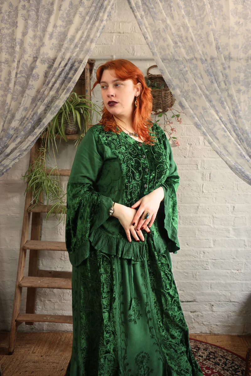 Embroidered Velvet Frill Sleeve Blouse in Pine Green