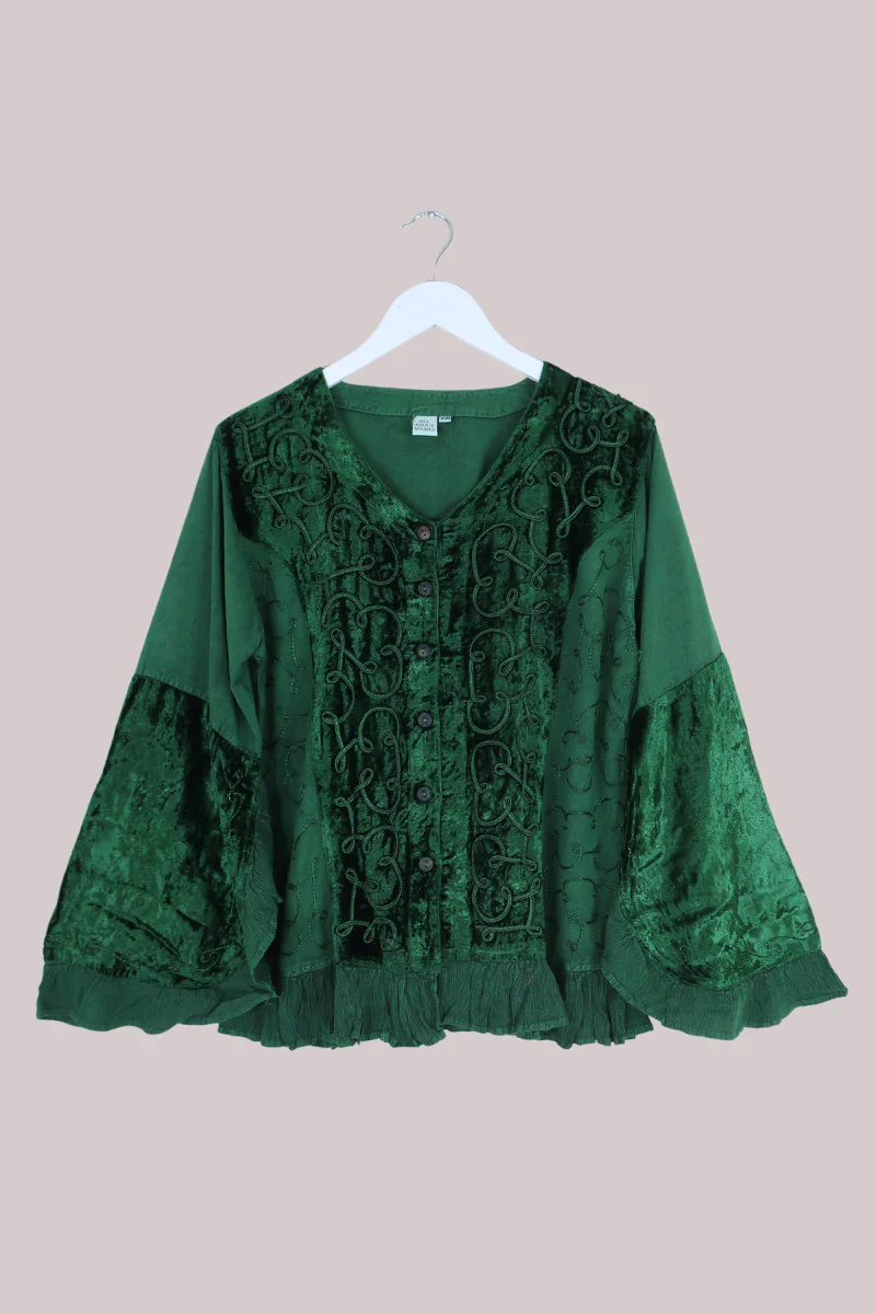 Embroidered Velvet Frill Sleeve Blouse in Pine Green - Image 2