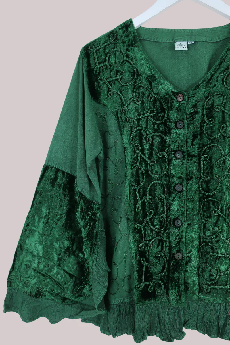 Embroidered Velvet Frill Sleeve Blouse in Pine Green - Image 3