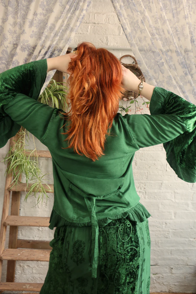 Embroidered Velvet Frill Sleeve Blouse in Pine Green - Image 4