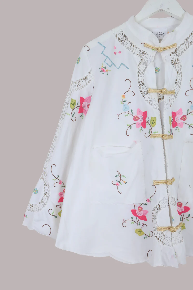 Emmeline Vintage Tablecloth Jacket in French Rose Vines - Image 2