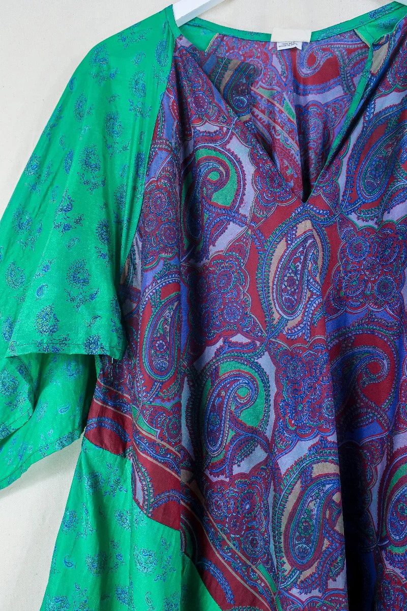 Goddess Dress - Midnight Lavender & Green Peacocks - Indian Pure Silk Sari - Free Size - Image 2