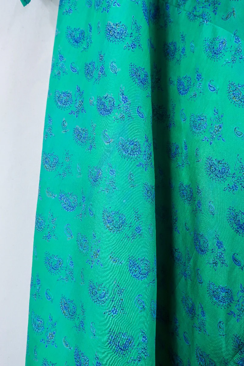 Goddess Dress - Midnight Lavender & Green Peacocks - Indian Pure Silk Sari - Free Size - Image 4