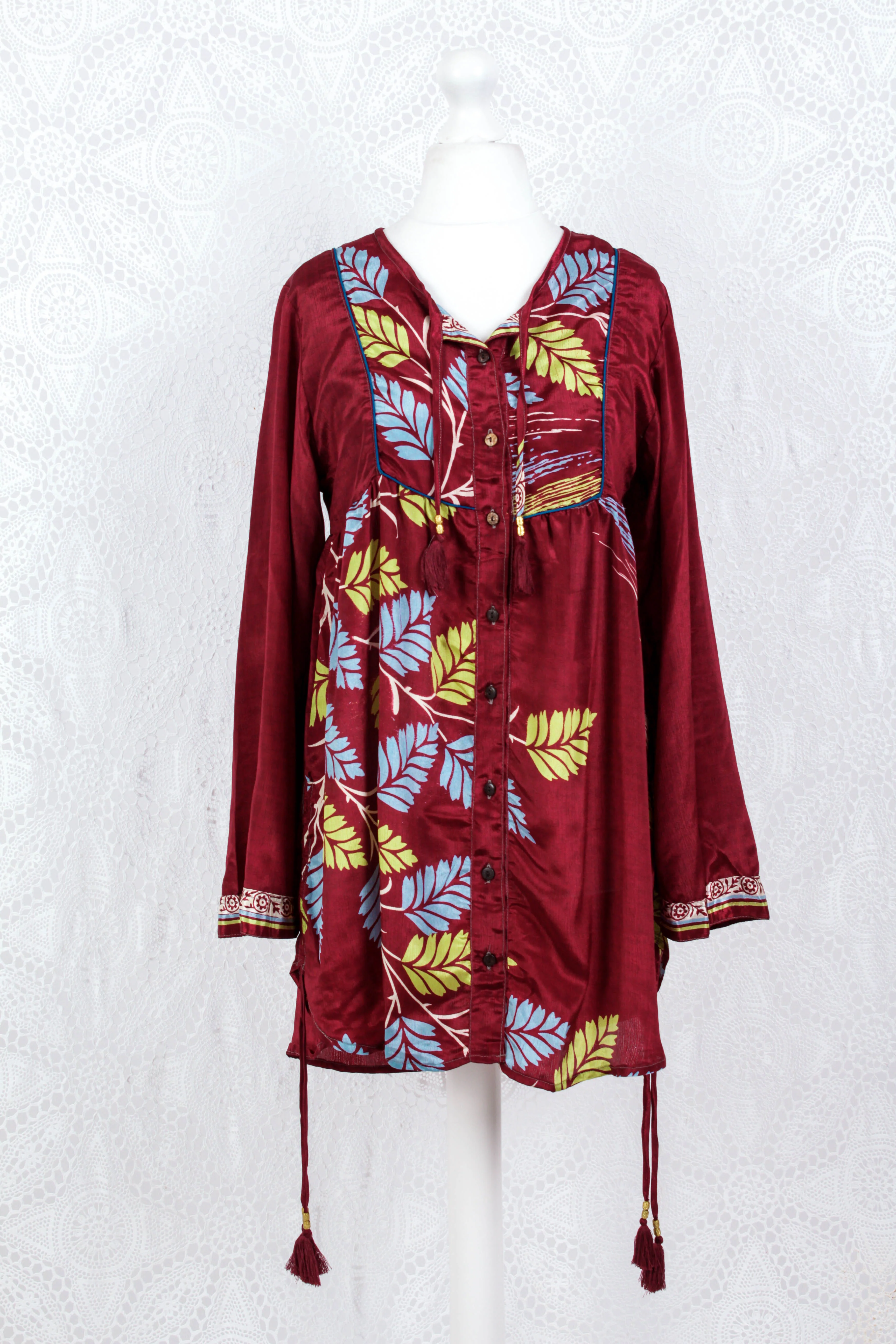 Jude Tunic Top - Vintage Indian Sari - Maroon Shimmer Leaves (S/M) - Image 2