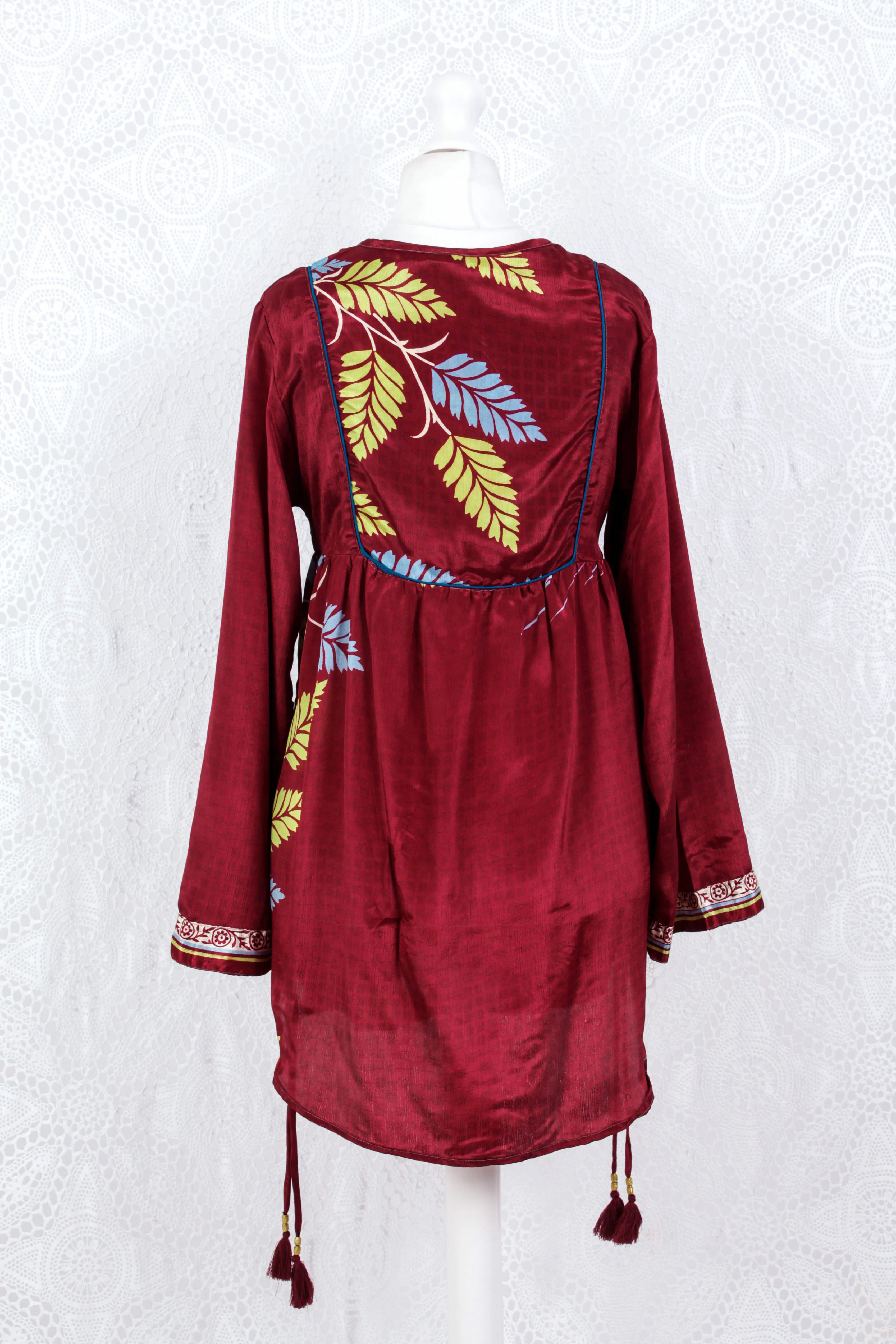 Jude Tunic Top - Vintage Indian Sari - Maroon Shimmer Leaves (S/M) - Image 3