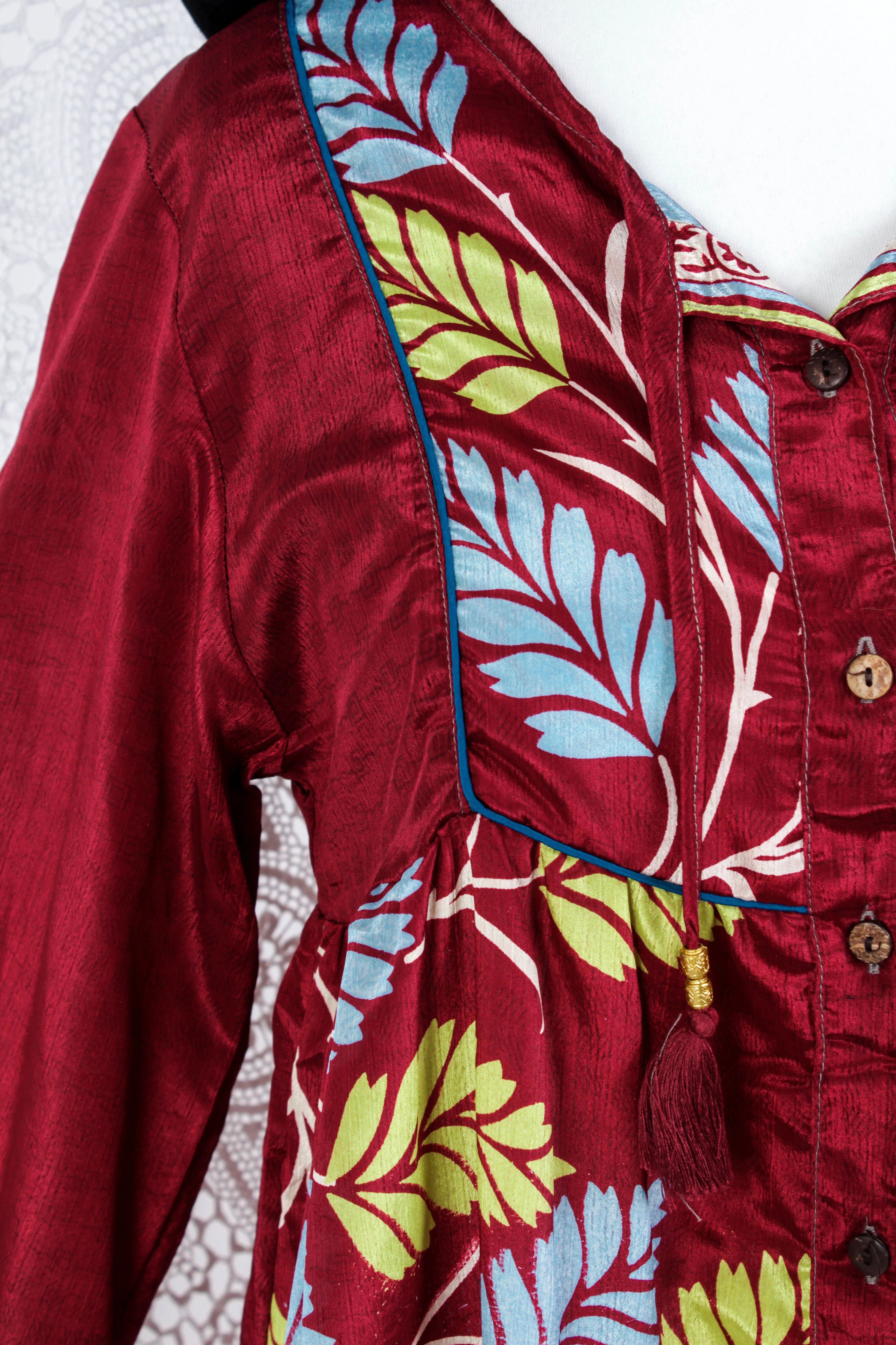 Jude Tunic Top - Vintage Indian Sari - Maroon Shimmer Leaves (S/M) - Image 4
