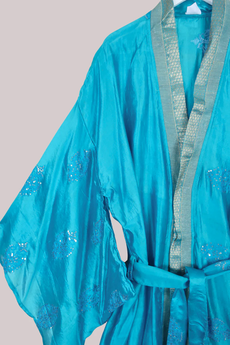Lotus Embroidered Pure Silk Robe - Azure Blue Motif - Free Size - Image 2