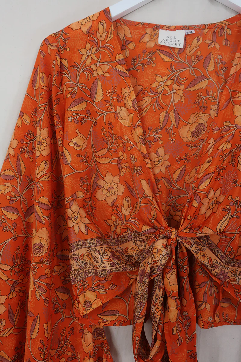 Venus Folklore Floral Wrap Top in Maple Orange - Image 3