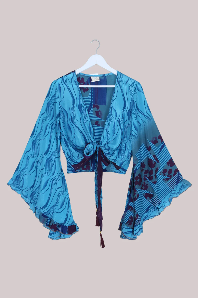 Venus Recycled Sari Wrap Top in Lagoon Blue with Plum Floral - Size S/M