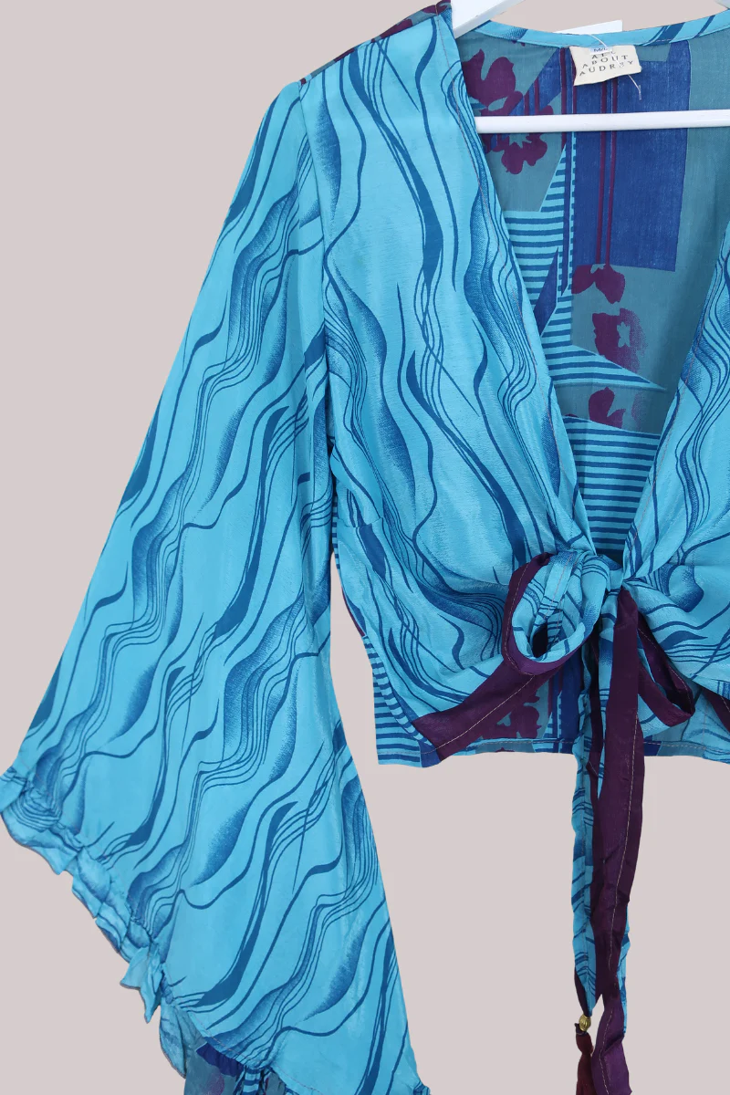 Venus Recycled Sari Wrap Top in Lagoon Blue with Plum Floral - Size S/M - Image 2