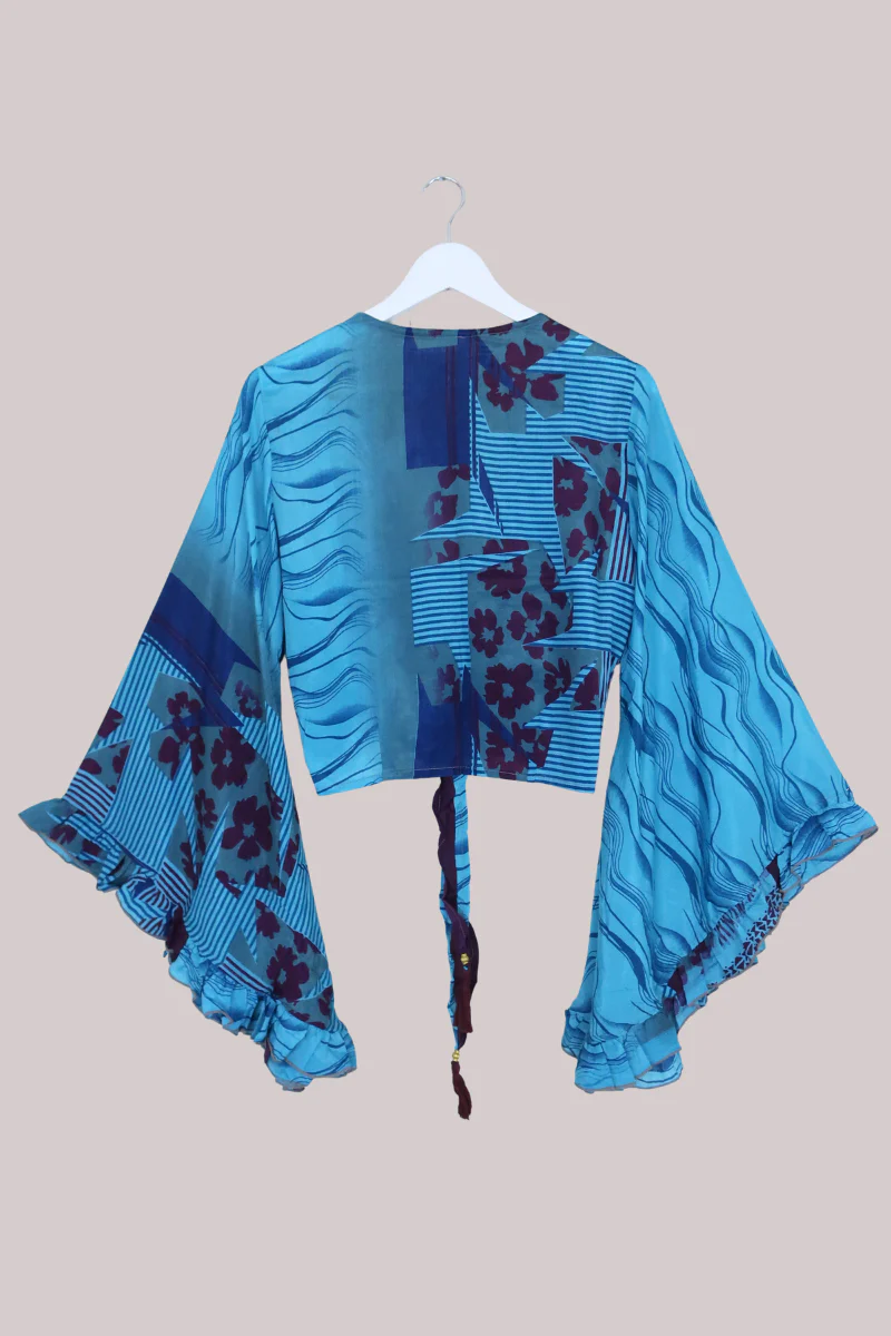 Venus Recycled Sari Wrap Top in Lagoon Blue with Plum Floral - Size S/M - Image 3