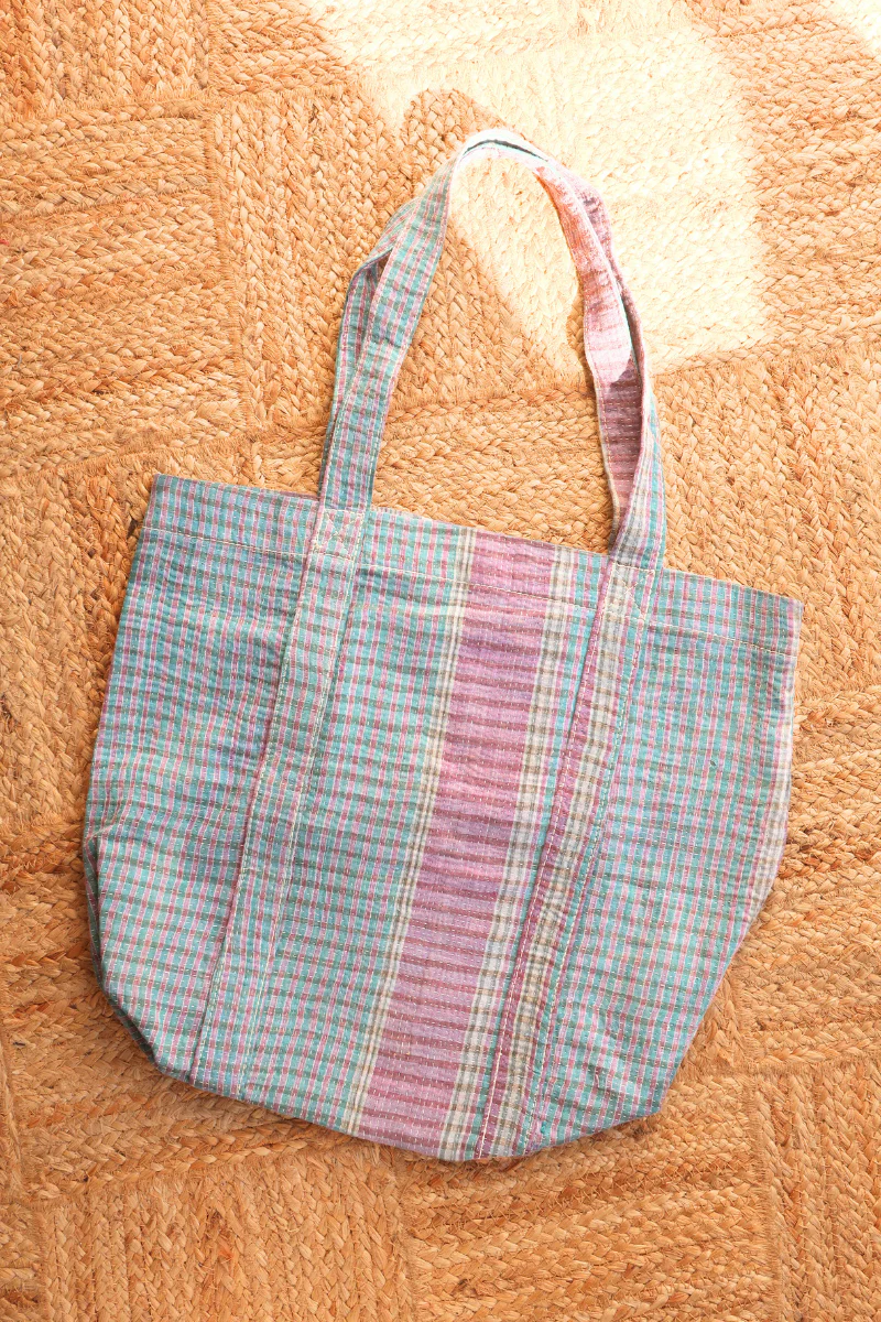 Vintage Kantha Tote Bag in Lavender and Jade Stripe