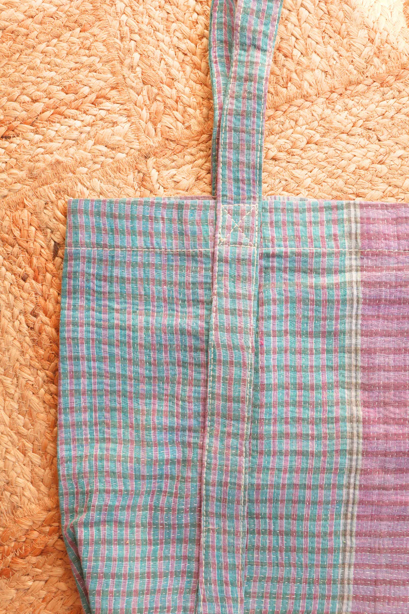 Vintage Kantha Tote Bag in Lavender and Jade Stripe - Image 2